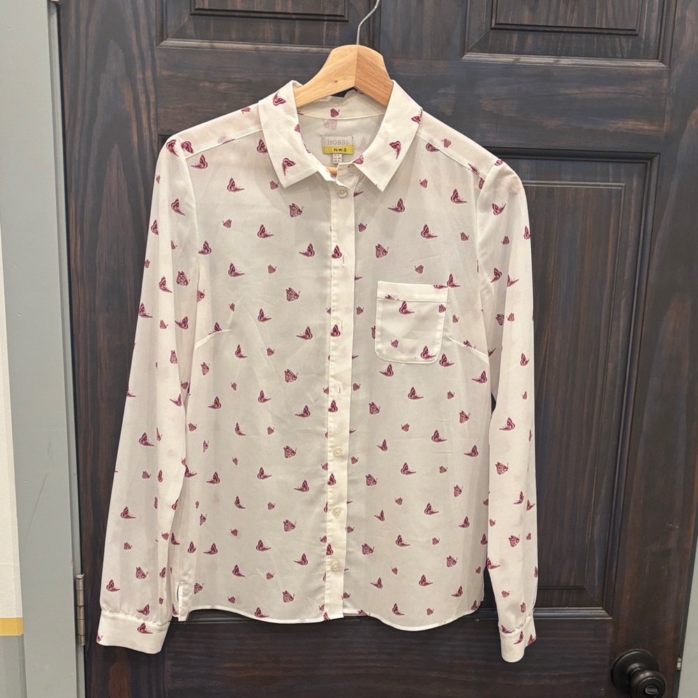 Elegant White and Pink Butterfly Patterned Women's Button Down Shirt